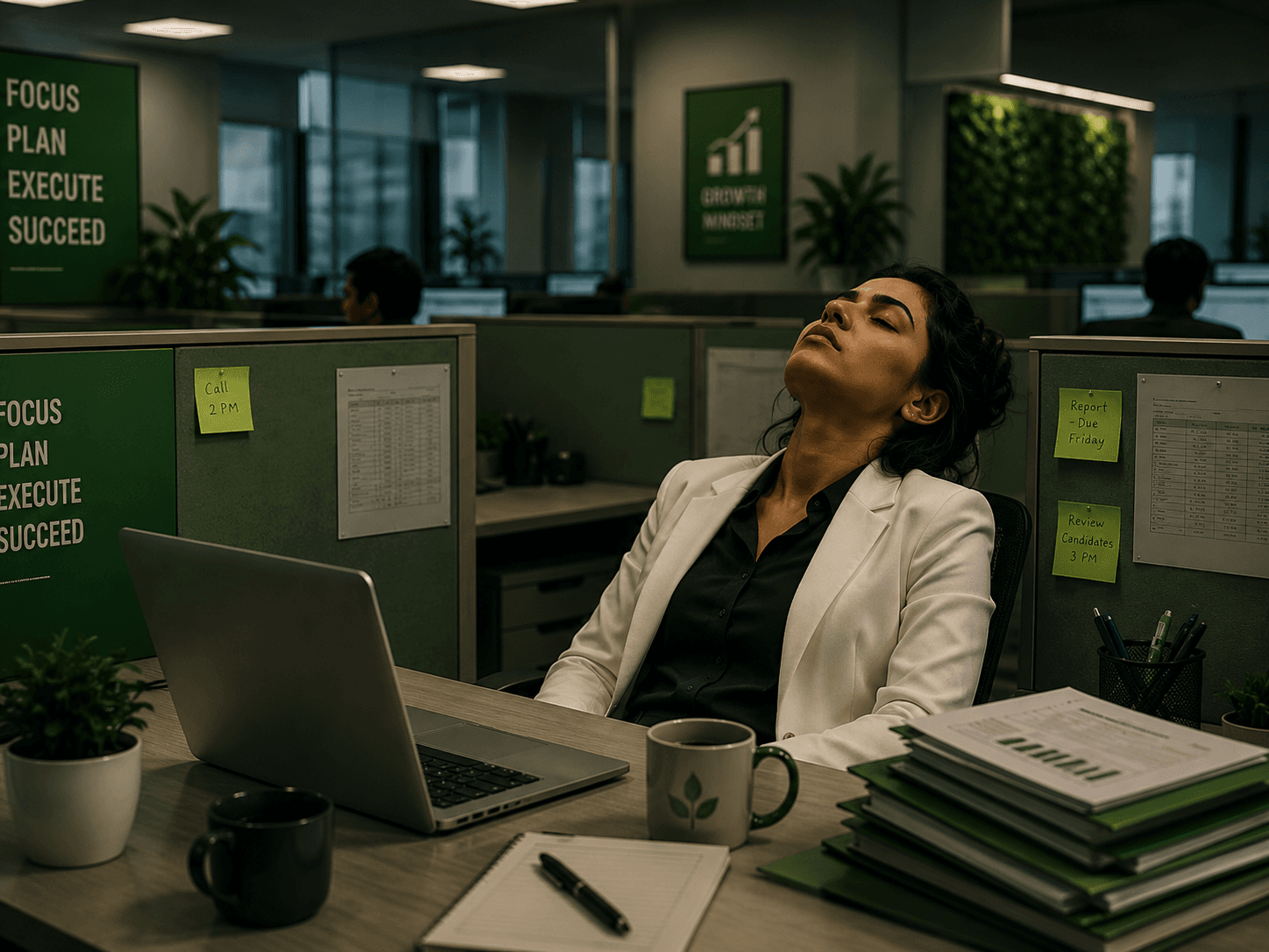 An overwhelmed HR recruiter slumped back at a desk buried in paperwork